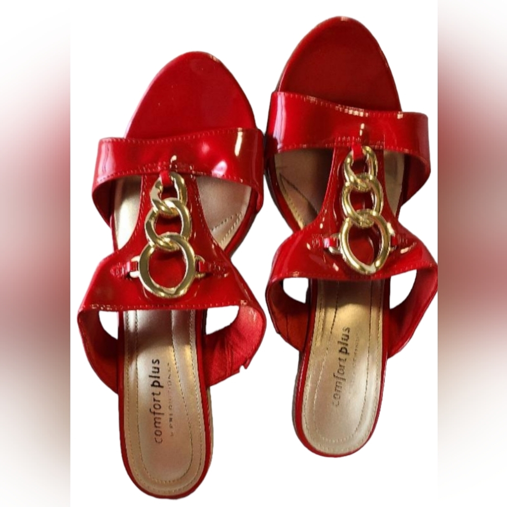 Comfort Plus By Predictions Red Patent Leather Embellished Slip On Wedges 6W